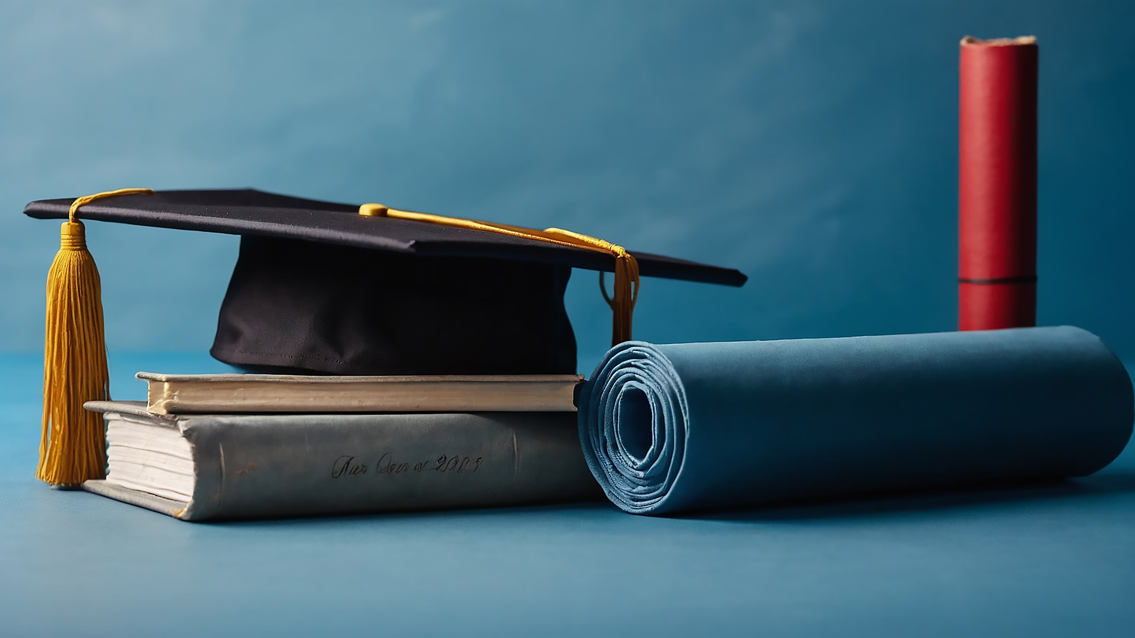 A graduation cap, diploma scrolls and books on a blue background